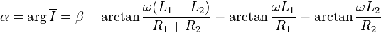 \alpha=\arg\overline{I} = \beta+\arctan\frac{\omega(L_1+L_2)}{R_1+R_2}-\arctan{\frac{\omega L_1}{R_1}}-\arctan{\frac{\omega L_2}{R_2}}