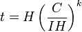 t = H \left( \frac{C}{IH} \right)^k